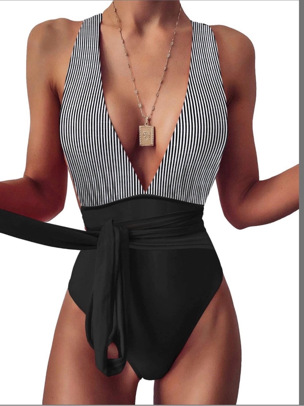 Black One-Piece Swimsuit with Striped Deep V-Neck